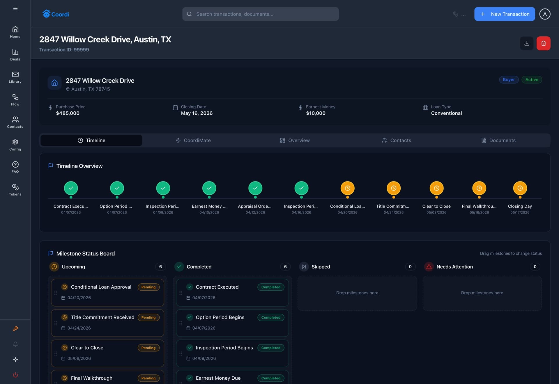 Coordi transaction overview showing the timeline of milestones from contract executed through closing day